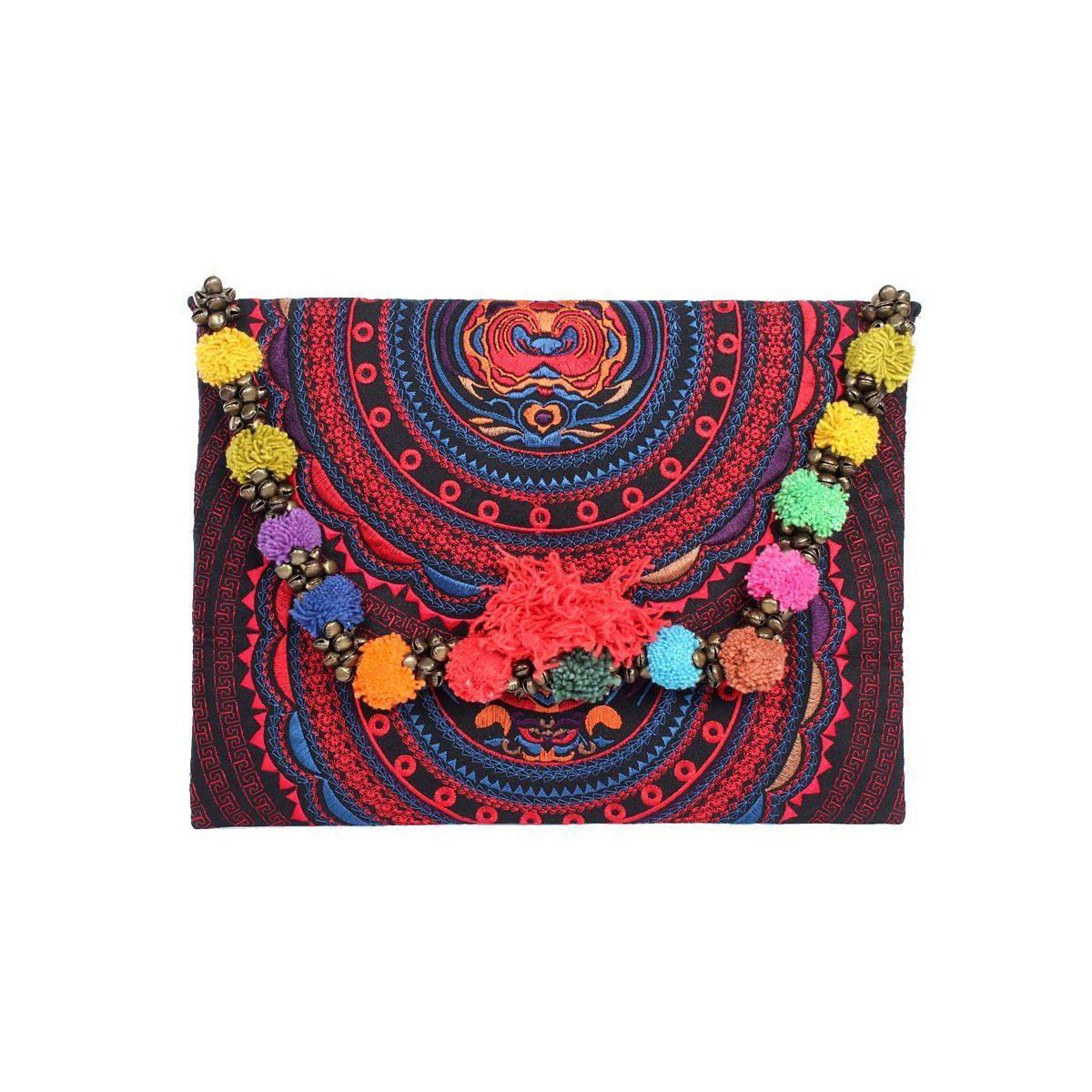 Pom Pom Embroidered Tribal Clutch | iPad Bag - Thailand Bags La Vie Bien Pom Pom Embroidered Tribal Clutch | iPad Bag - Thailand