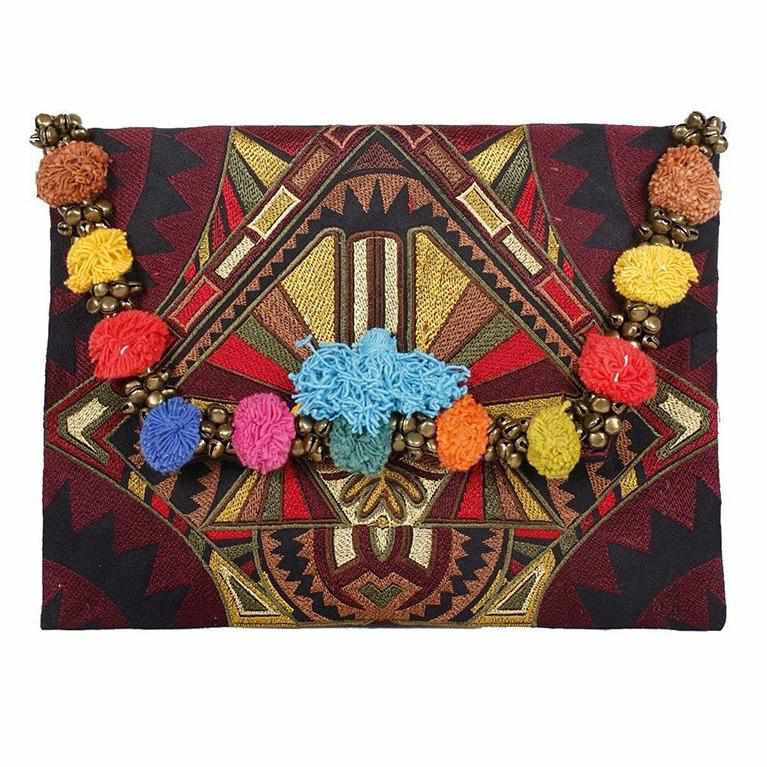Pom Pom Embroidered Tribal Clutch | iPad Bag - Thailand Bags La Vie Bien Pom Pom Embroidered Tribal Clutch | iPad Bag - Thailand