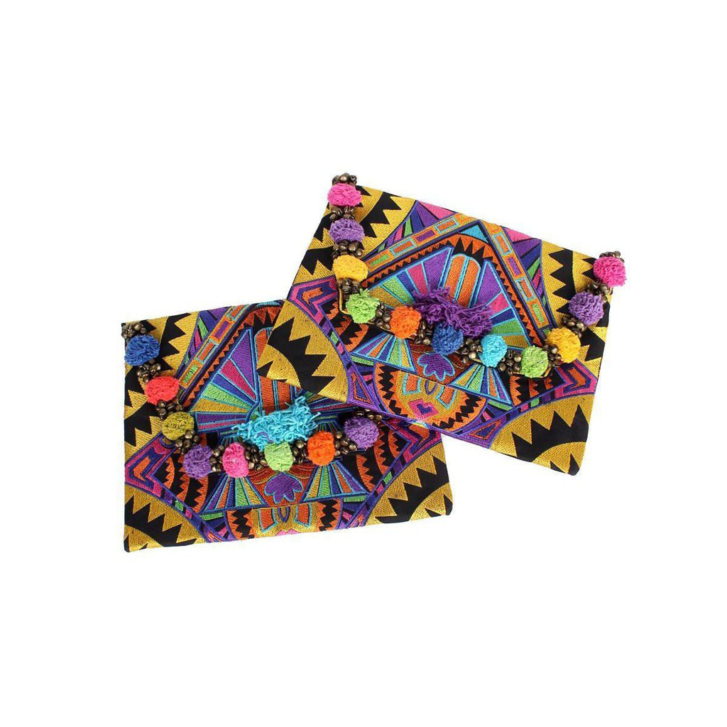 Pom Pom Embroidered Tribal Clutch | iPad Bag - Thailand Bags La Vie Bien Pom Pom Embroidered Tribal Clutch | iPad Bag - Thailand