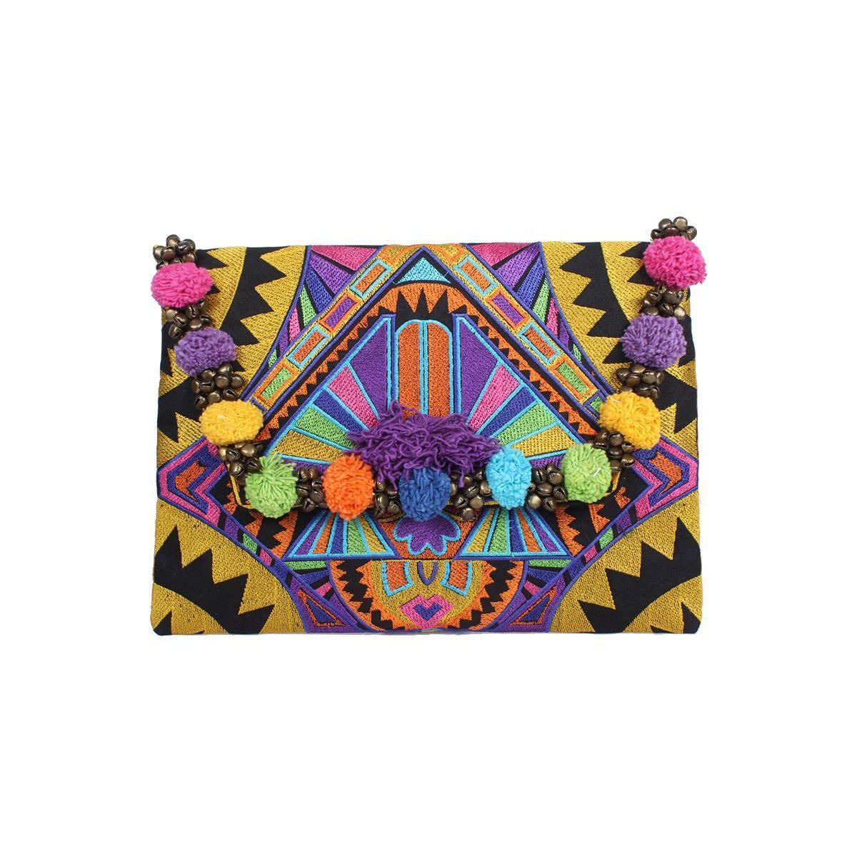 Pom Pom Embroidered Tribal Clutch | iPad Bag - Thailand Bags La Vie Bien Pom Pom Embroidered Tribal Clutch | iPad Bag - Thailand