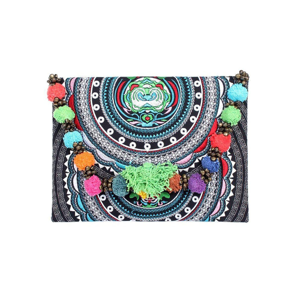 Pom Pom Embroidered Tribal Clutch | iPad Bag - Thailand Bags La Vie Bien Pom Pom Embroidered Tribal Clutch | iPad Bag - Thailand