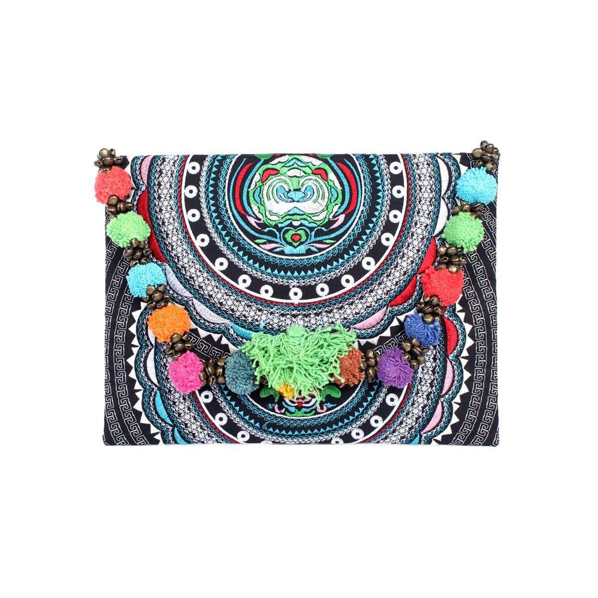 Pom Pom Embroidered Tribal Clutch | iPad Bag - Thailand Bags La Vie Bien Pom Pom Embroidered Tribal Clutch | iPad Bag - Thailand