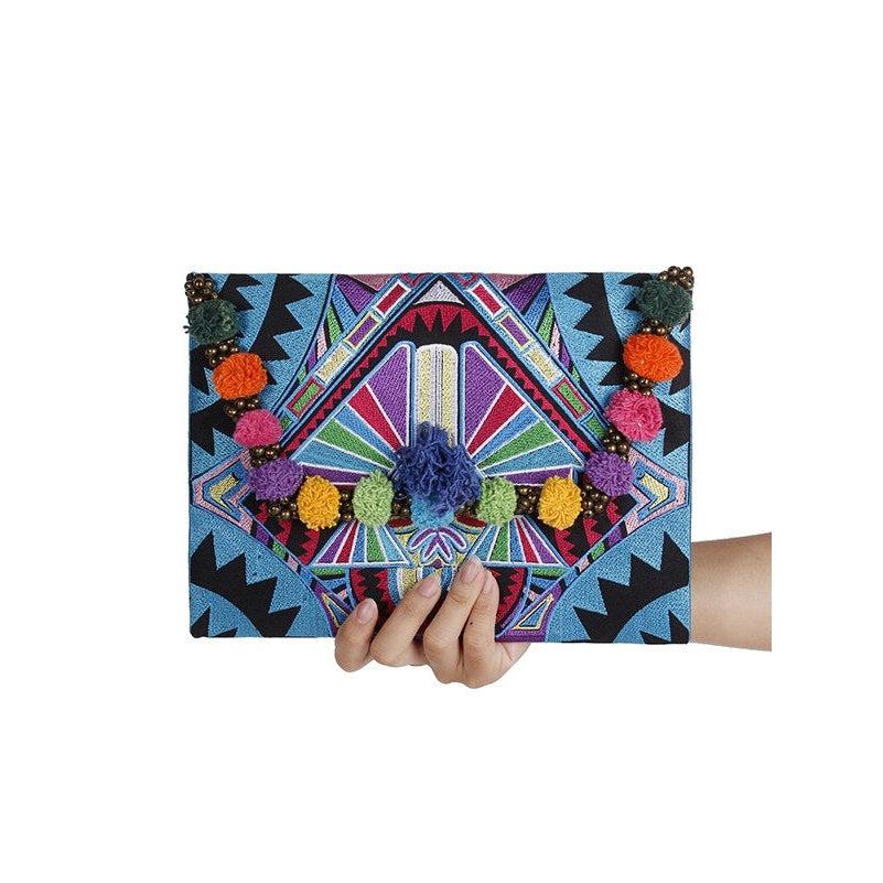 Pom Pom Embroidered Tribal Clutch | iPad Bag - Thailand Bags La Vie Bien Pom Pom Embroidered Tribal Clutch | iPad Bag - Thailand