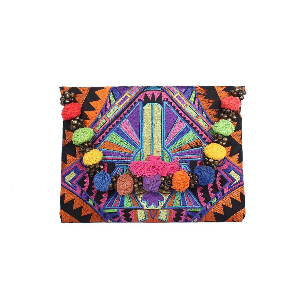 Pom Pom Embroidered Tribal Clutch | iPad Bag - Thailand Bags La Vie Bien Pom Pom Embroidered Tribal Clutch | iPad Bag - Thailand