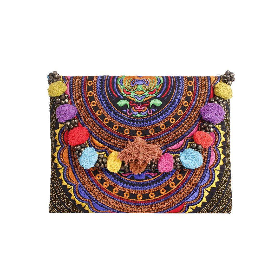 Pom Pom Embroidered Tribal Clutch | iPad Bag - Thailand Bags La Vie Bien Pom Pom Embroidered Tribal Clutch | iPad Bag - Thailand