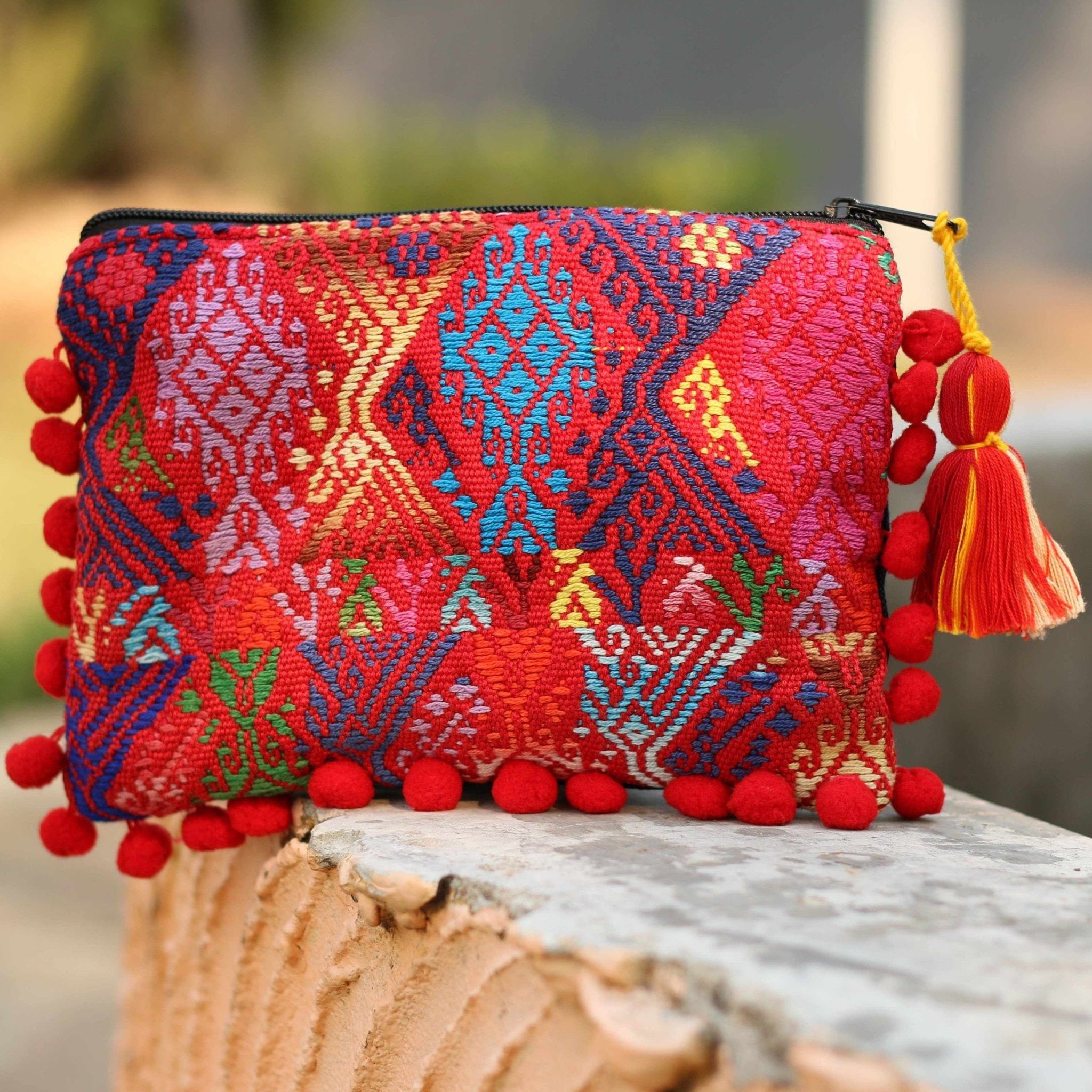 Pom Pom Maya Bag Up - cycled Huipil (Assorted Colors) - Guatemala Bags La Vie Bien Pom Pom Maya Bag Up - cycled Huipil (Assorted Colors) - Guatemala