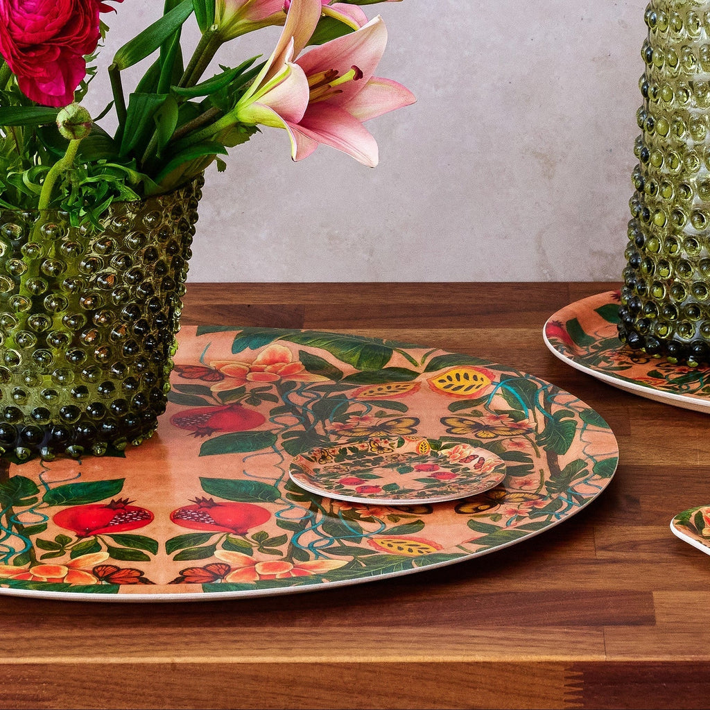 Pomegranate Migration Decorative Birchwood Tray - Mini Round - Set of 2 La Vie Bien Pomegranate Migration Decorative Birchwood Tray - Mini Round - Set of 2