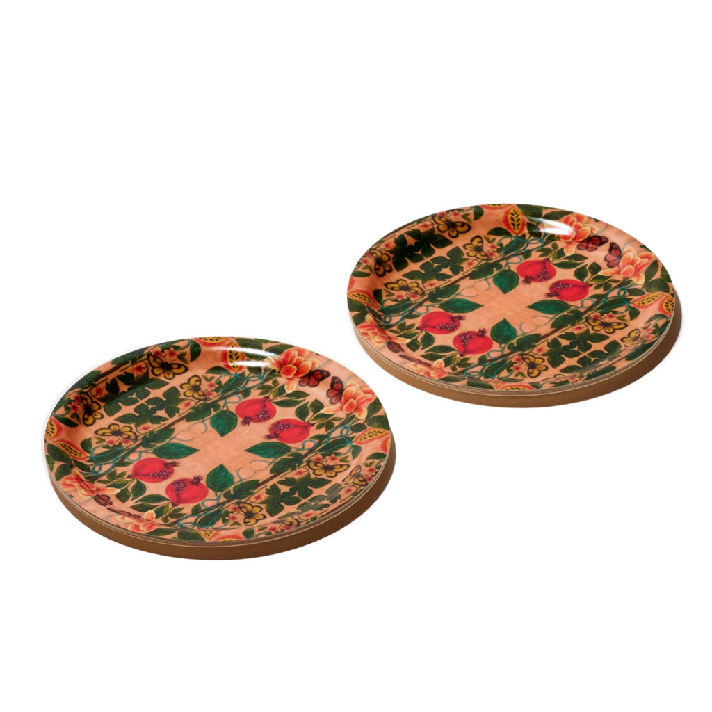 Pomegranate Migration Decorative Birchwood Tray - Mini Round - Set of 2 La Vie Bien Pomegranate Migration Decorative Birchwood Tray - Mini Round - Set of 2