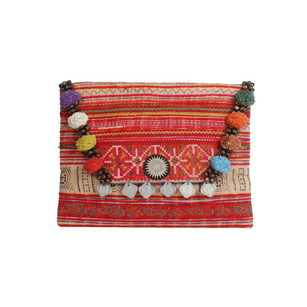 PomPoms, Bells & Coins Vintage Envelope Clutch - Thailand Bags La Vie Bien PomPoms, Bells & Coins Vintage Envelope Clutch - Thailand