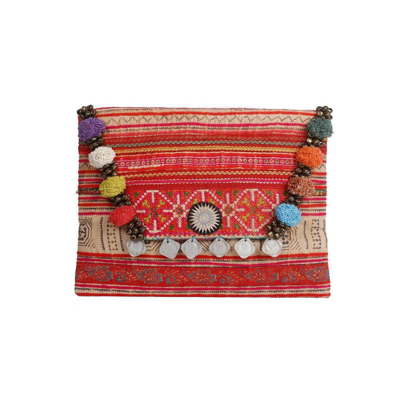 PomPoms, Bells & Coins Vintage Envelope Clutch - Thailand Bags La Vie Bien PomPoms, Bells & Coins Vintage Envelope Clutch - Thailand