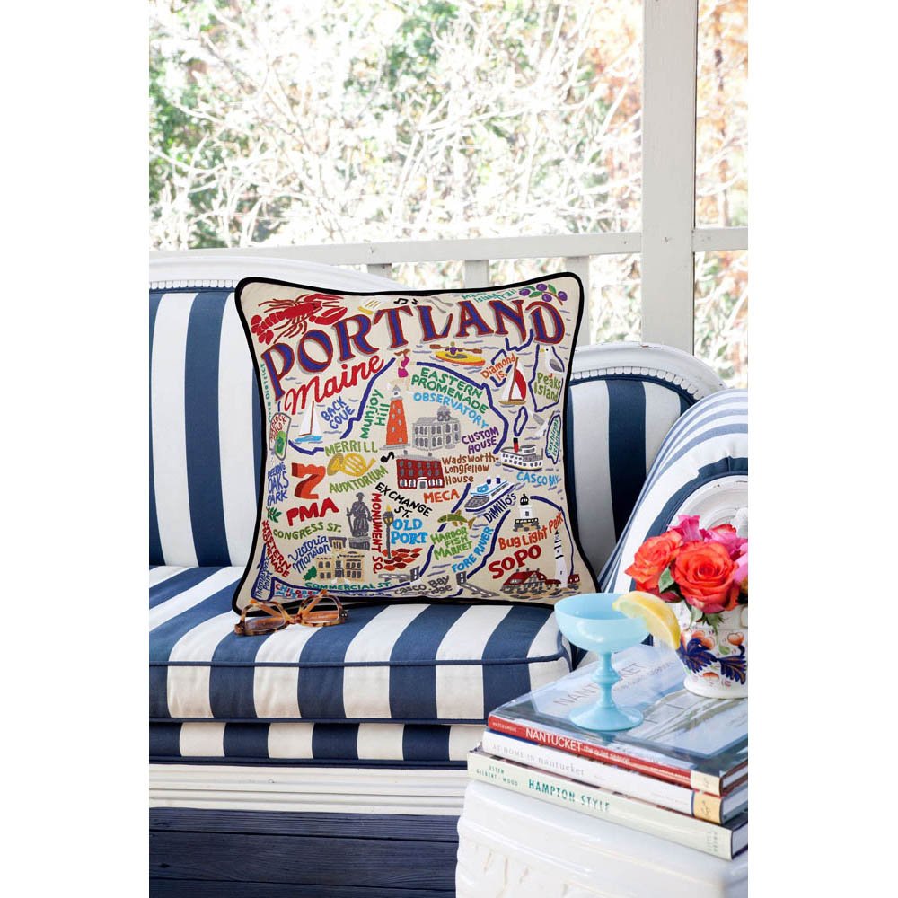 Portland, ME Hand - Embroidered Pillow by CatStudio Pillows La Vie Bien Portland, ME Hand - Embroidered Pillow by CatStudio