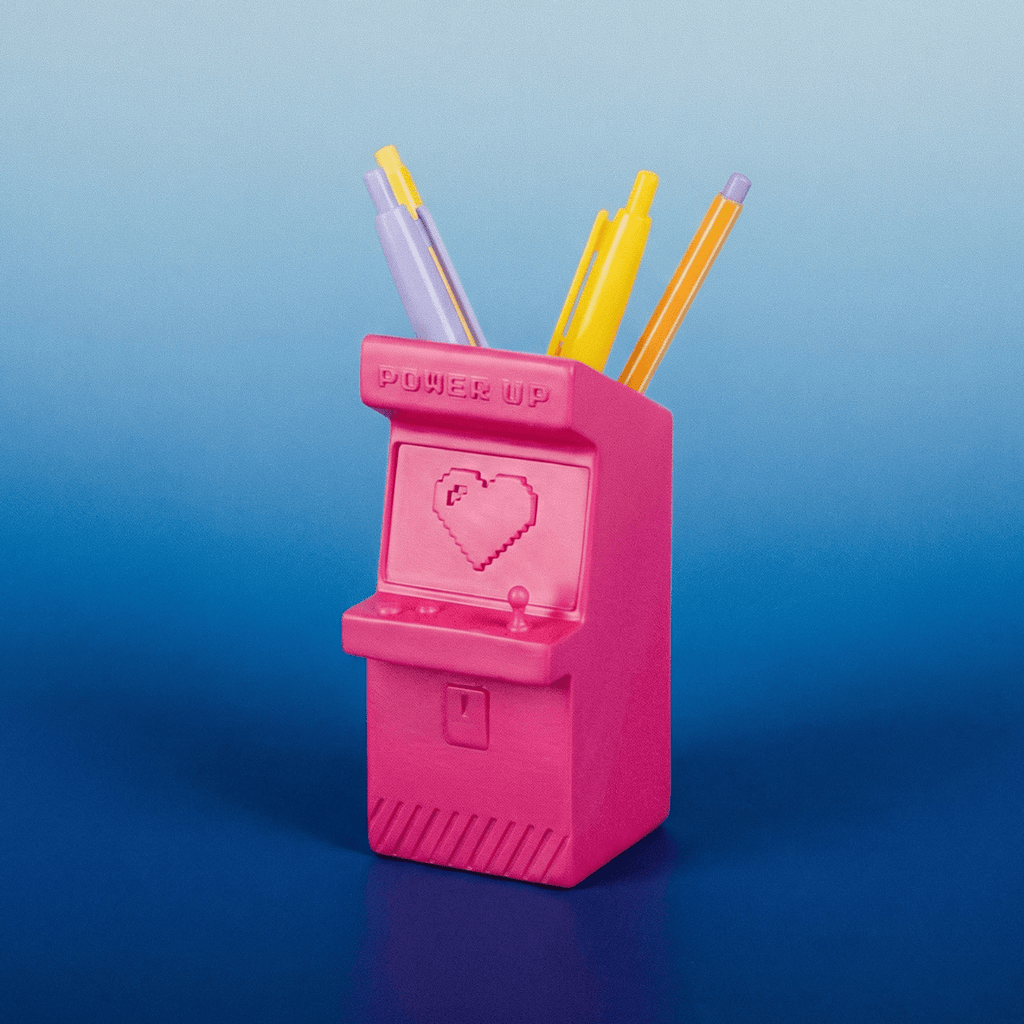 Power Up Retro Arcade Style Pen Pot | Pencil Cup in Hot Pink Desk Accessories La Vie Bien Power Up Retro Arcade Style Pen Pot | Pencil Cup in Hot Pink