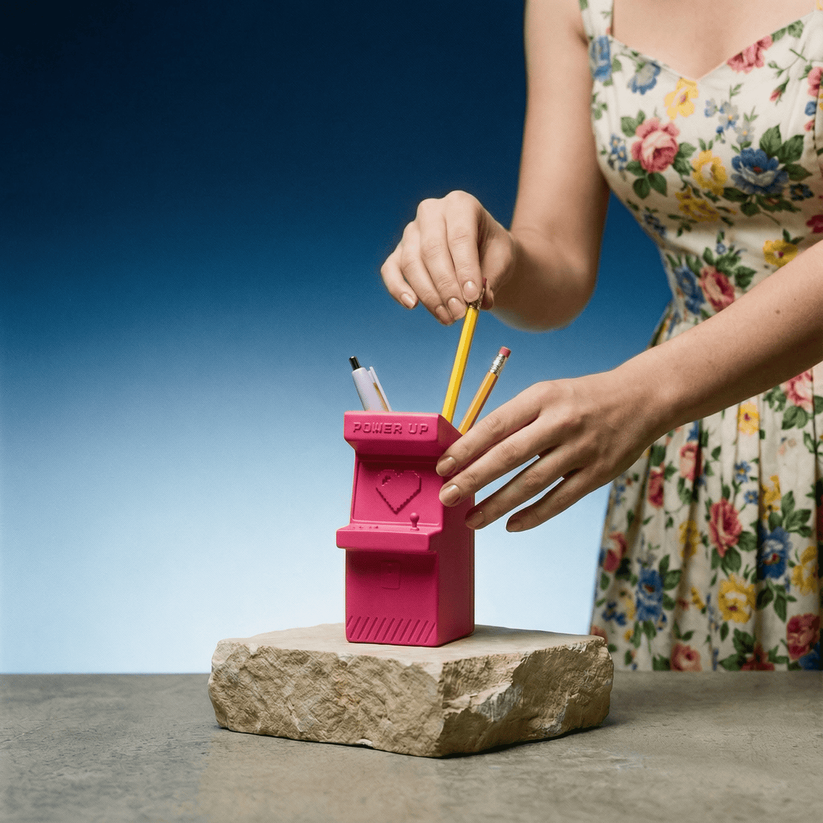 Power Up Retro Arcade Style Pen Pot | Pencil Cup in Hot Pink Desk Accessories La Vie Bien Power Up Retro Arcade Style Pen Pot | Pencil Cup in Hot Pink