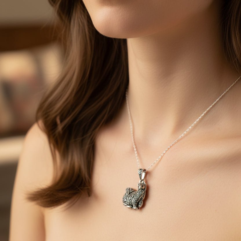 Precious Marcasite Cat Necklace in Sterling Silver Pendant La Vie Bien Precious Marcasite Cat Necklace in Sterling Silver