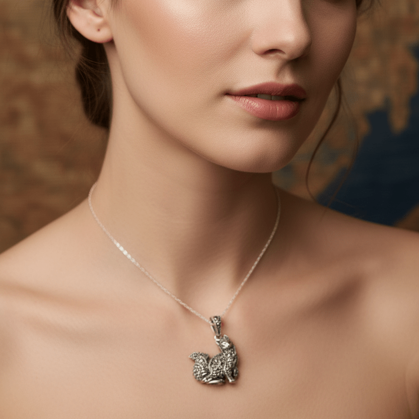 Precious Marcasite Cat Necklace in Sterling Silver Pendant La Vie Bien Precious Marcasite Cat Necklace in Sterling Silver