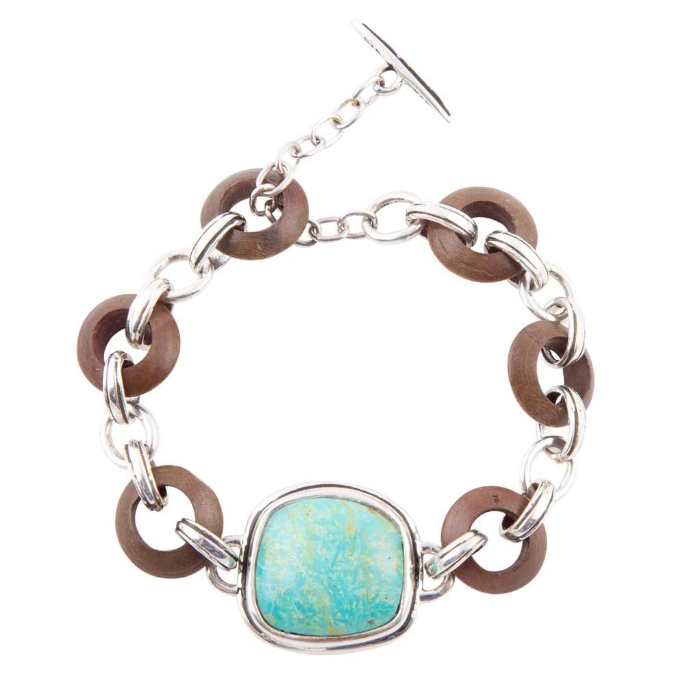 Precious Turquoise and Wood Sterling Silver Toggle Bracelet by Barse Jewelry