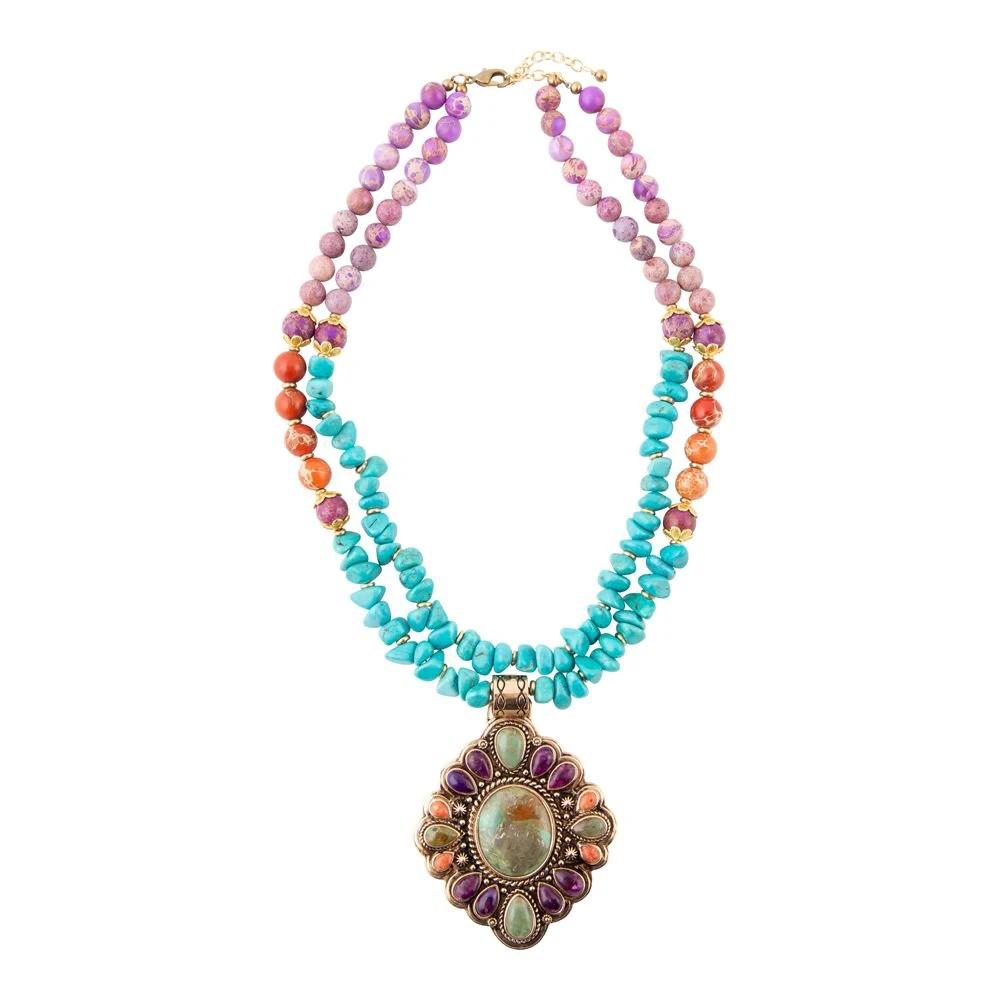 Prescott Blue Turquoise Purple and Orange Statement Pendant Golden Necklace by Barse Jewelry