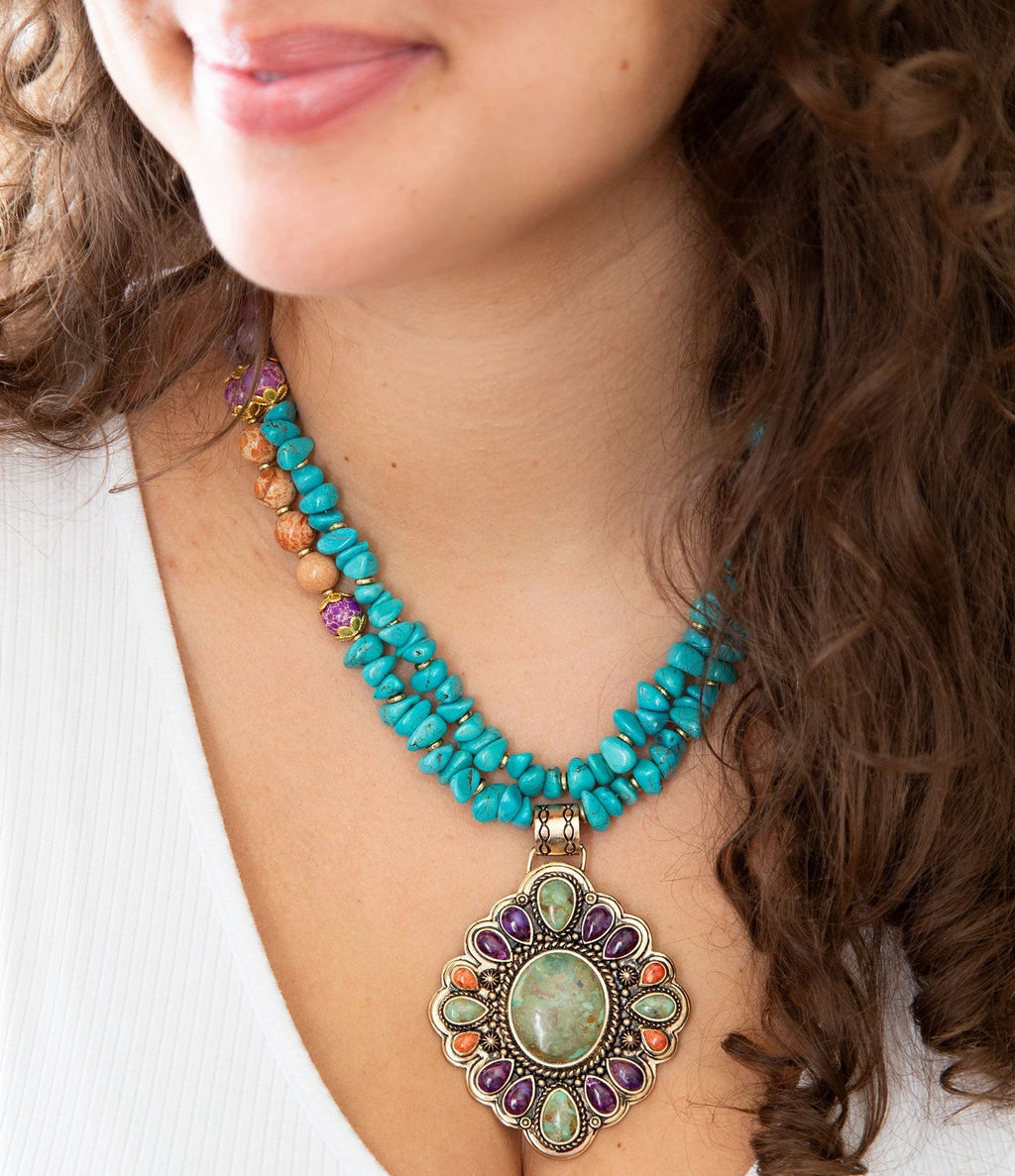 Prescott Blue Turquoise Purple and Orange Statement Pendant Golden Necklace by Barse Jewelry