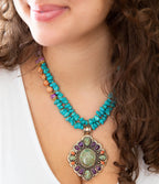 Prescott Blue Turquoise Purple and Orange Statement Pendant Golden Necklace by Barse Jewelry