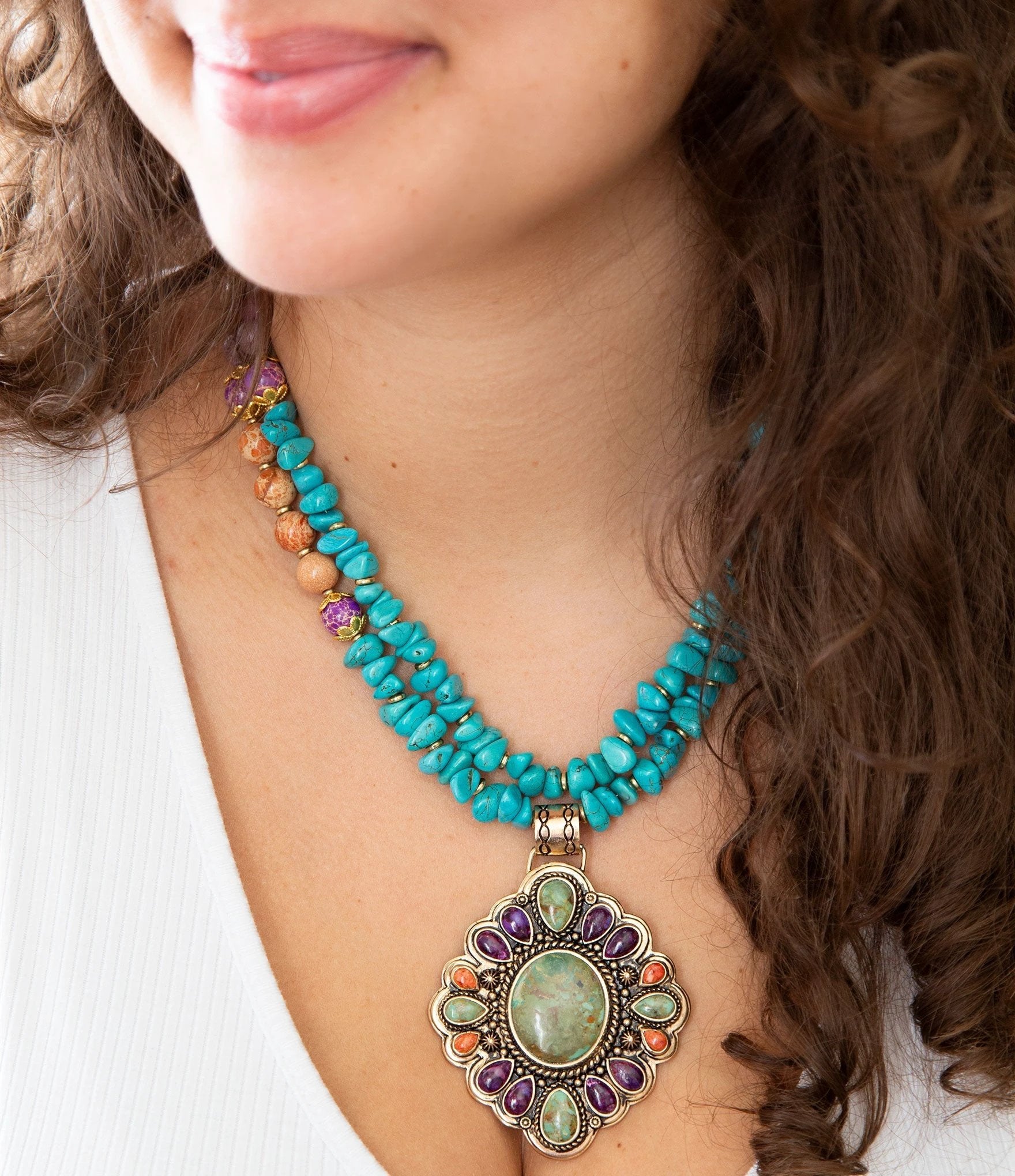 Prescott Blue Turquoise Purple and Orange Statement Pendant Golden Necklace by Barse Jewelry