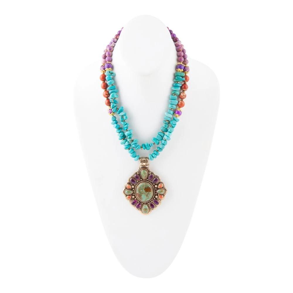 Prescott Blue Turquoise Purple and Orange Statement Pendant Golden Necklace by Barse Jewelry