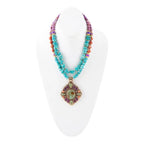 Prescott Blue Turquoise Purple and Orange Statement Pendant Golden Necklace by Barse Jewelry