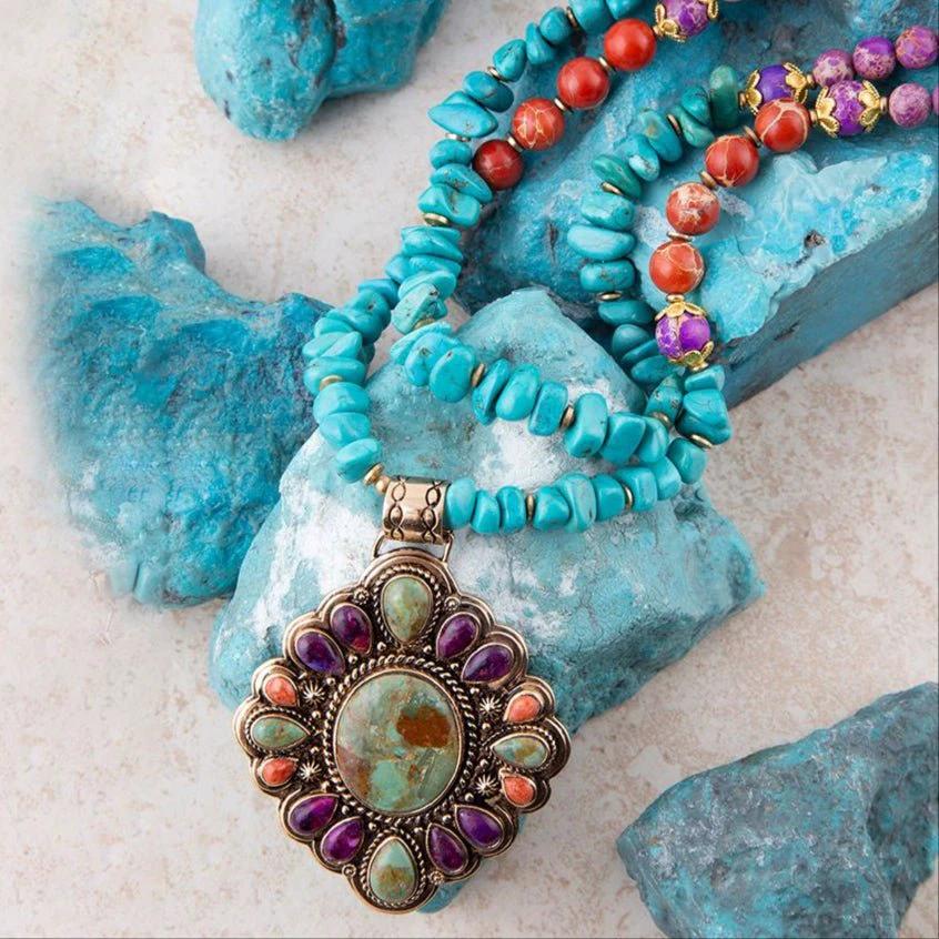 Prescott Blue Turquoise Purple and Orange Statement Pendant Golden Necklace by Barse Jewelry