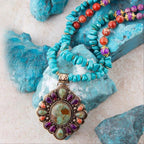Prescott Blue Turquoise Purple and Orange Statement Pendant Golden Necklace by Barse Jewelry