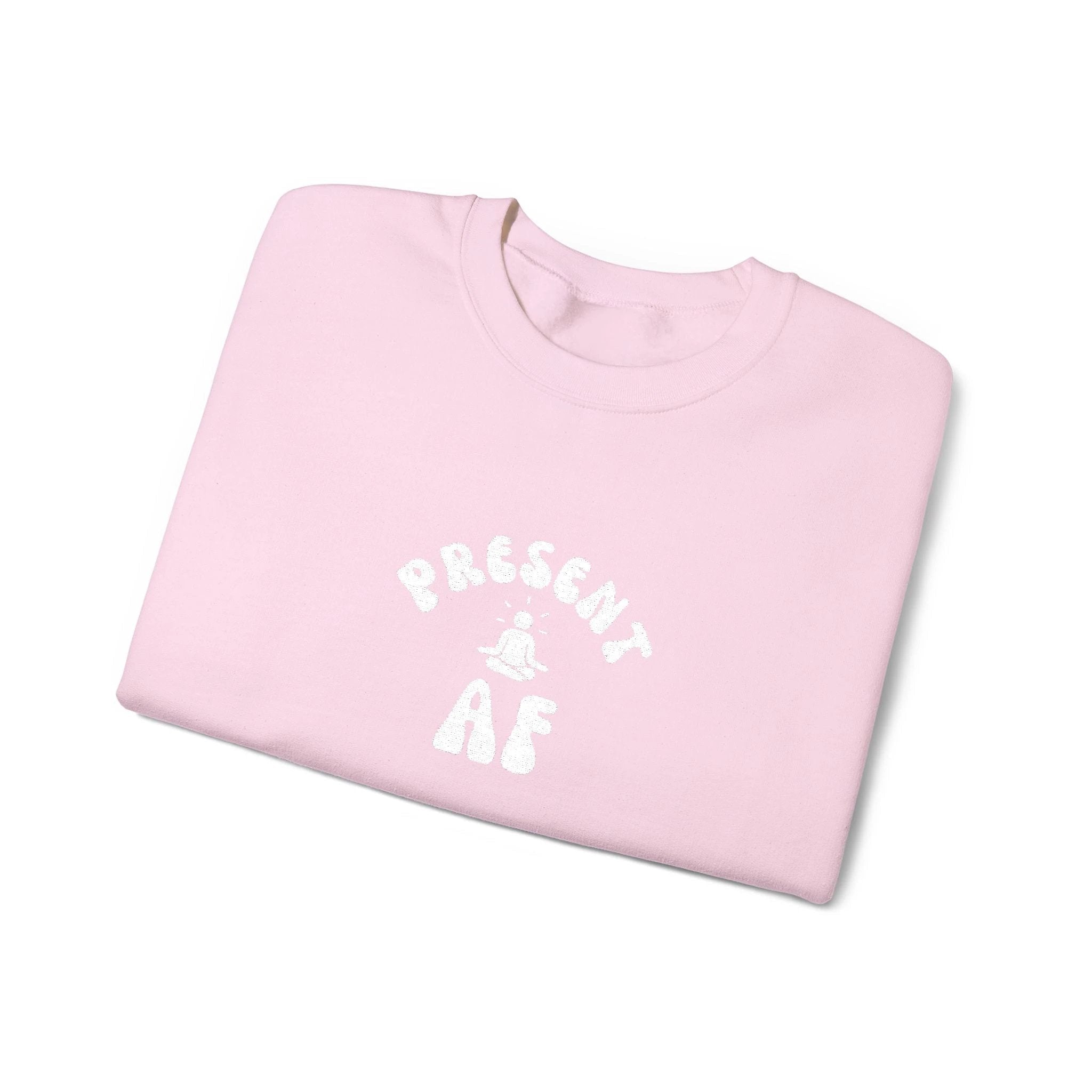 Present AF embroidered Crewneck Sweatshirt — Mindful Meditation Graphic Crew by Printify