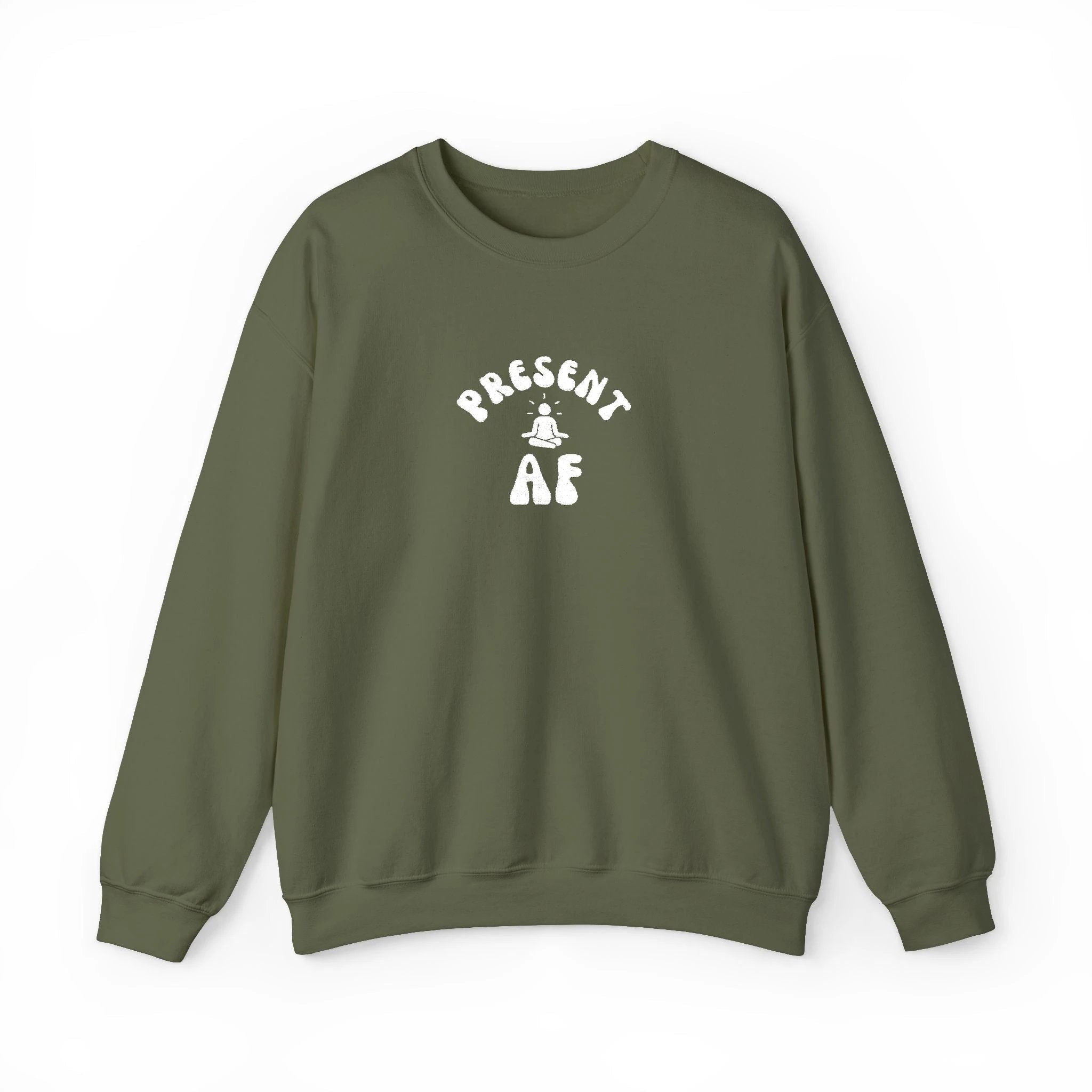 Present AF embroidered Crewneck Sweatshirt — Mindful Meditation Graphic Crew by Printify