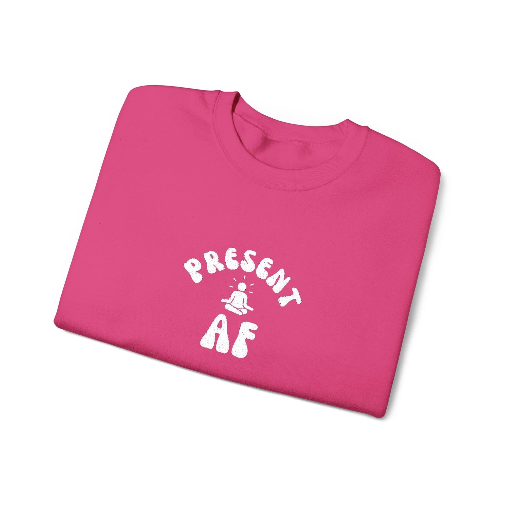 Present AF embroidered Crewneck Sweatshirt — Mindful Meditation Graphic Crew by Printify