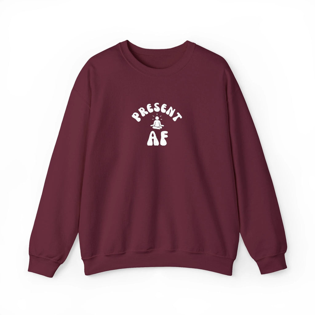 Present AF embroidered Crewneck Sweatshirt — Mindful Meditation Graphic Crew by Printify