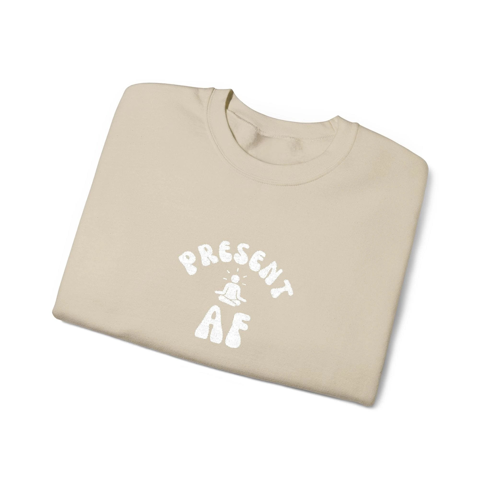 Present AF embroidered Crewneck Sweatshirt — Mindful Meditation Graphic Crew by Printify