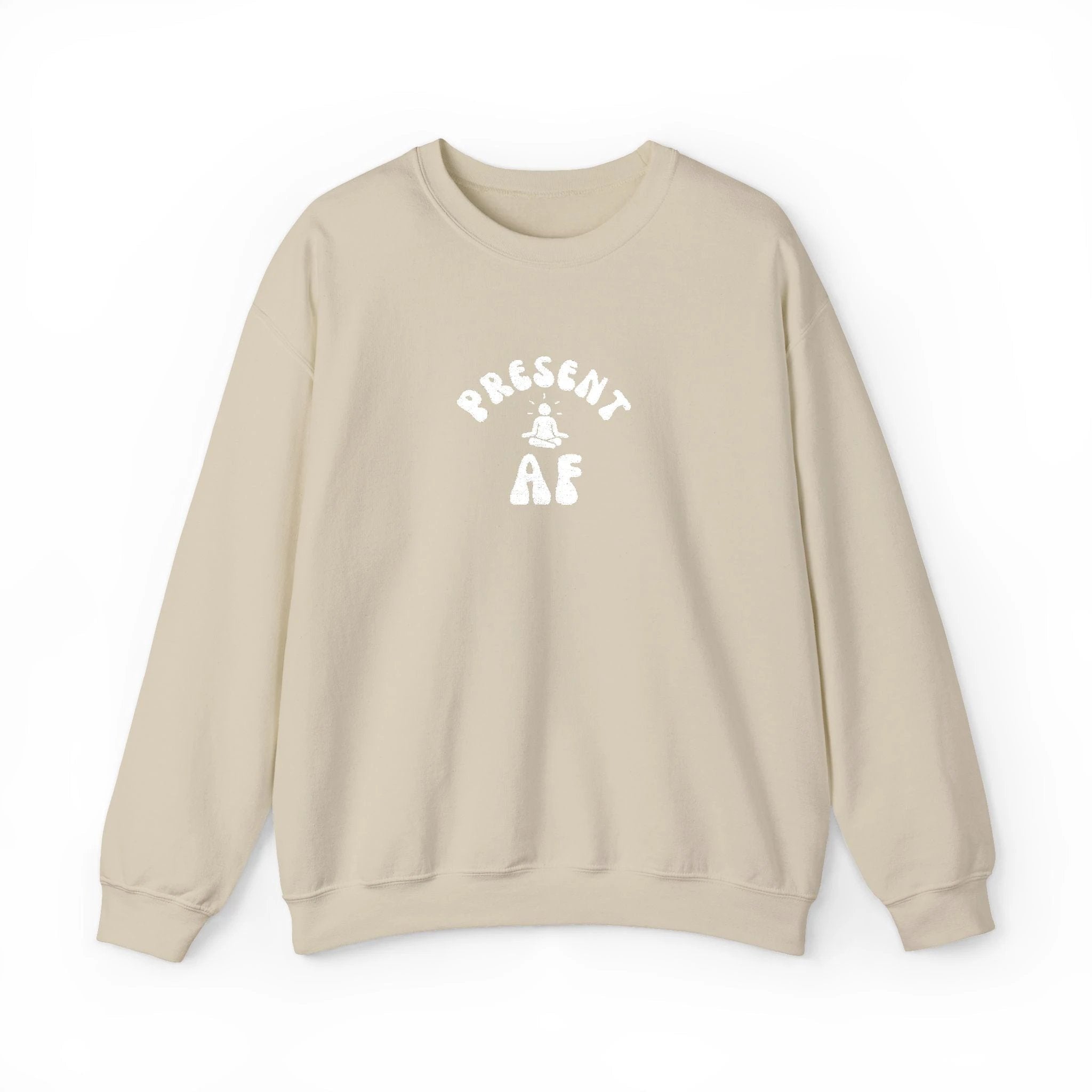 Present AF embroidered Crewneck Sweatshirt — Mindful Meditation Graphic Crew by Printify
