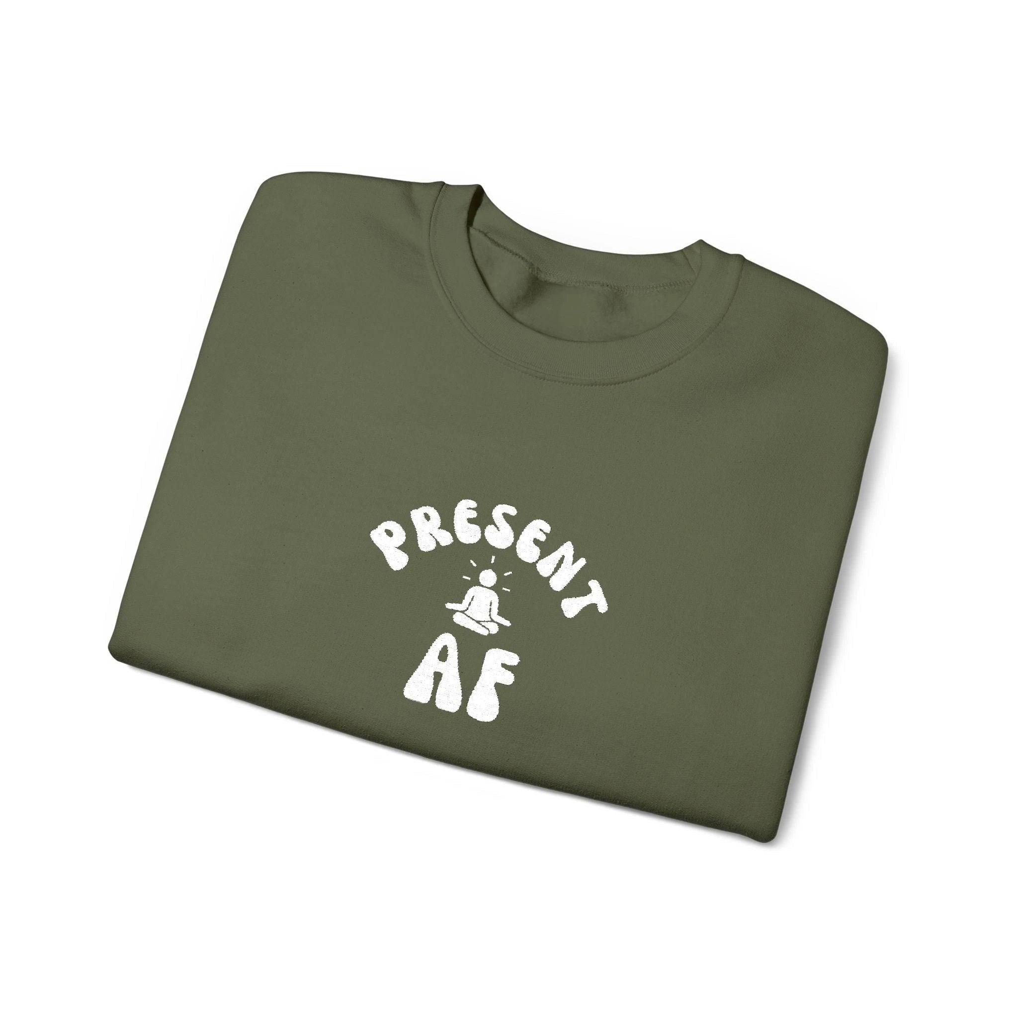Present AF embroidered Crewneck Sweatshirt — Mindful Meditation Graphic Crew by Printify