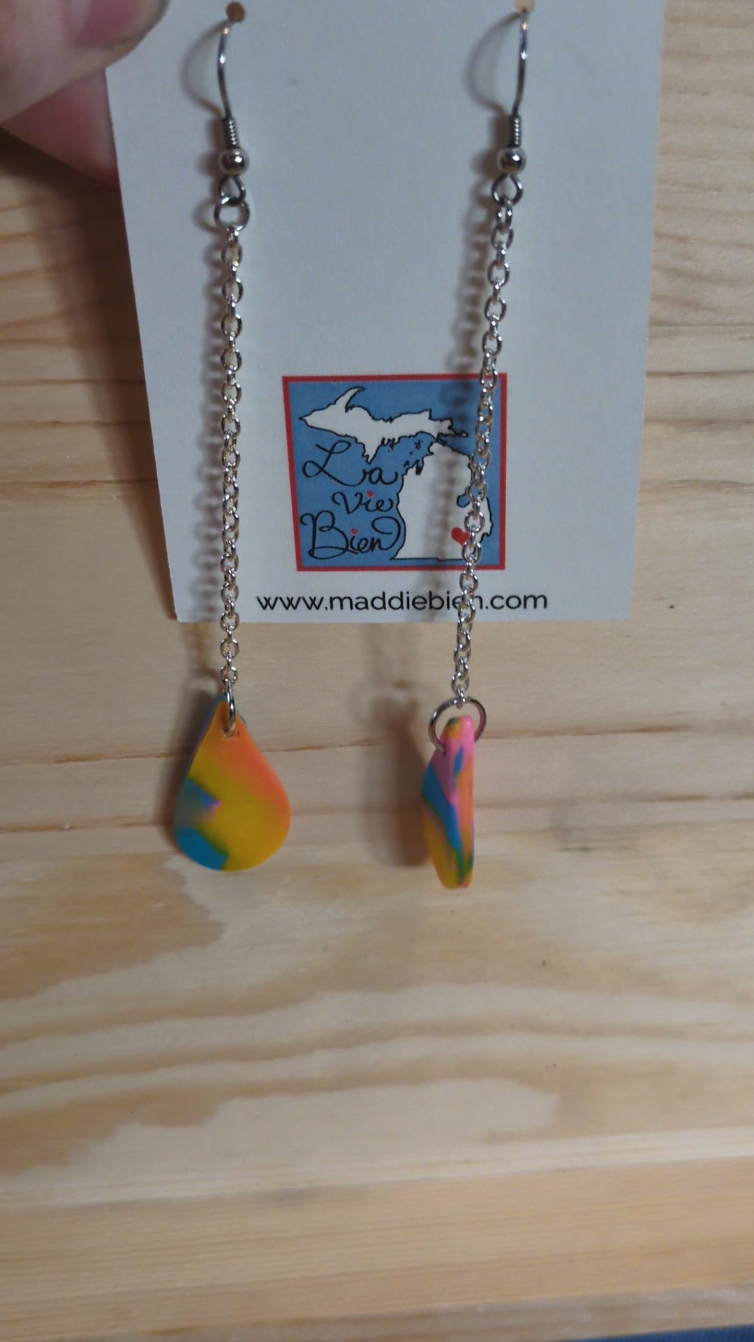 Neon vibes dangle earrings, for pierced ears, handmade jewelry perfect for gifting, made in Michigan USA. Yellow blue and pink colorful