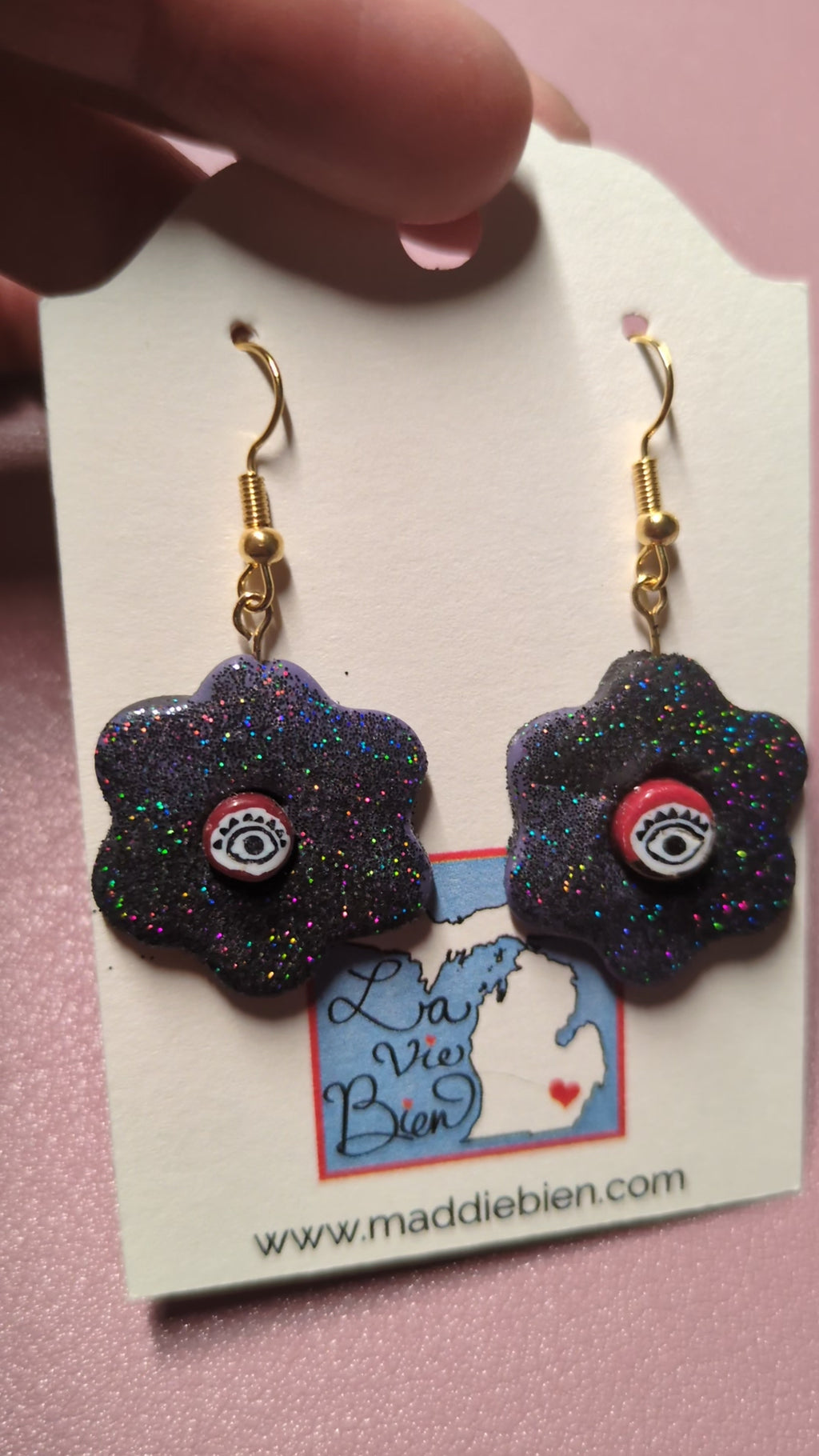 Eye flower dangle earrings - handmade polymer clay and beads