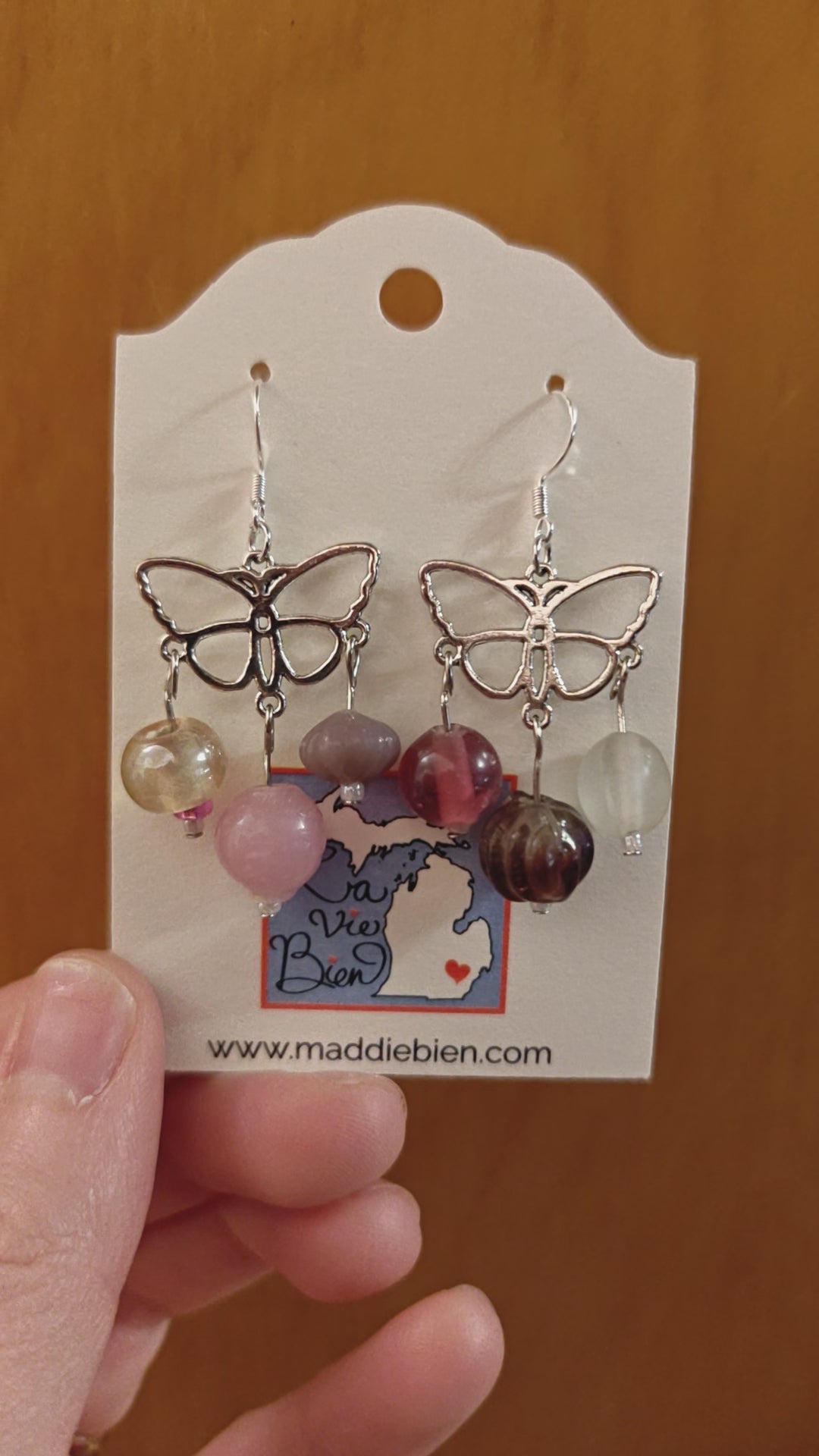 Pastel dreams beaded butterfly earrings, pink purple and white, silver hardware