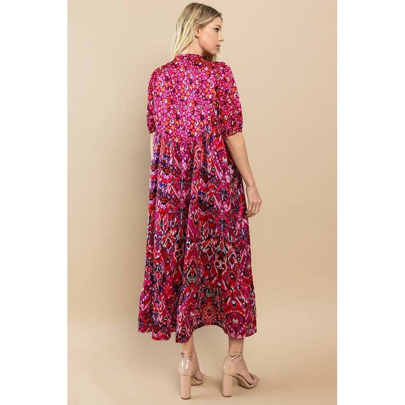 Printed Ruffle Hem Short Sleeve Midi Dress in Red [Size SM - L]