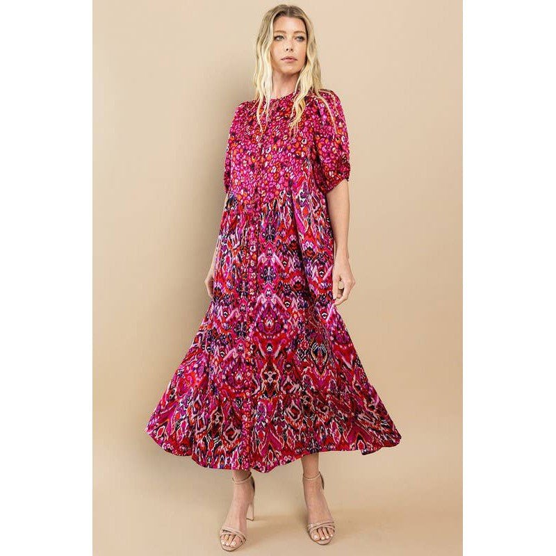 Printed Ruffle Hem Short Sleeve Midi Dress in Red [Size SM - L]