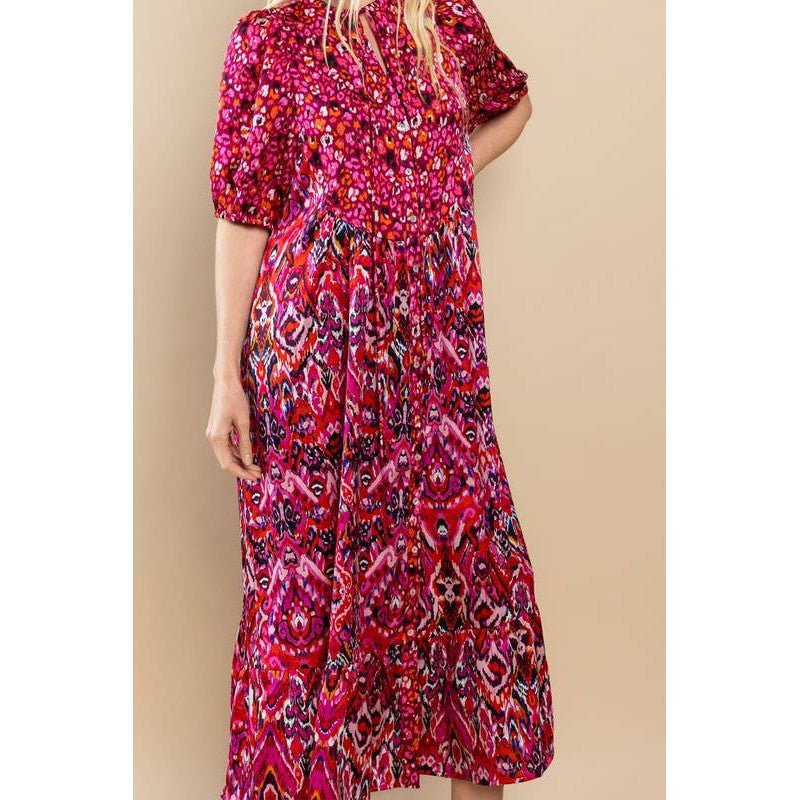 Printed Ruffle Hem Short Sleeve Midi Dress in Red [Size SM - L]