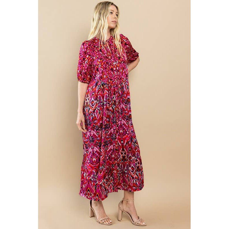Printed Ruffle Hem Short Sleeve Midi Dress in Red [Size SM - L]