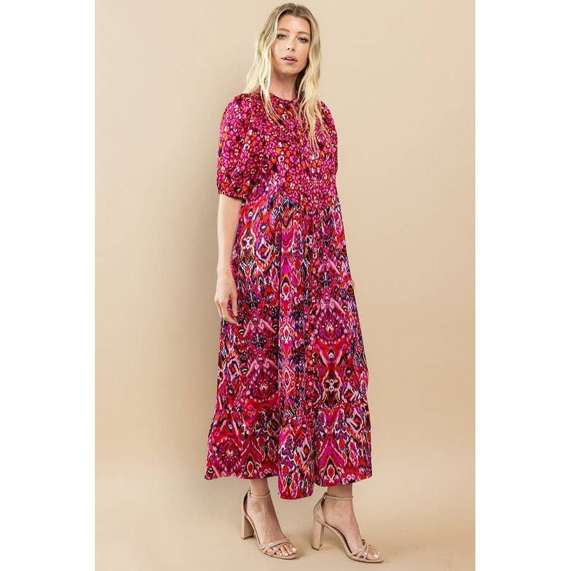 Printed Ruffle Hem Short Sleeve Midi Dress in Red [Size SM - L]