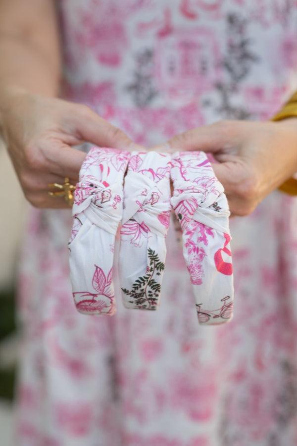 The Tiny Tassel Headband in Pink Charleston Toile Print