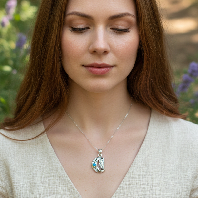 Owl Crescent Moon Necklace in Sterling Silver