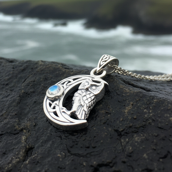 Owl Crescent Moon Necklace in Sterling Silver