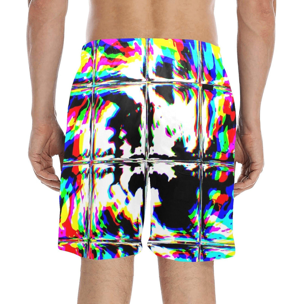 Psychedelic Rave Glitch Tiles Rainbow Plaid Swim Shorts