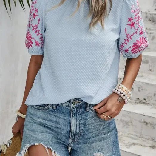 Puff Sleeve Embroidered Blouse – Light Blue with Pink Floral Sleeves La Vie Bien Puff Sleeve Embroidered Blouse – Light Blue with Pink Floral Sleeves