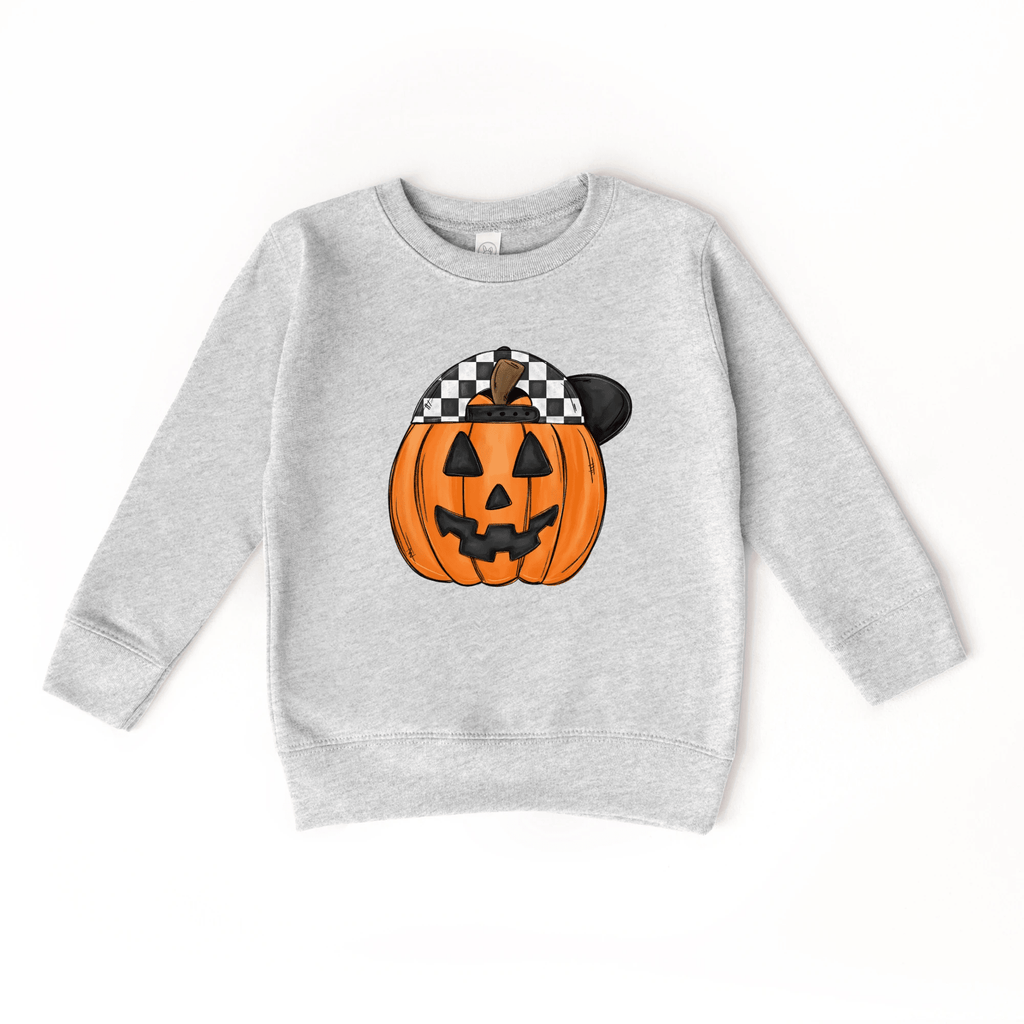 Pumpkin Backwards Hat toddler + youth Sweatshirt, Halloween collection by Benny and Ray Apparel