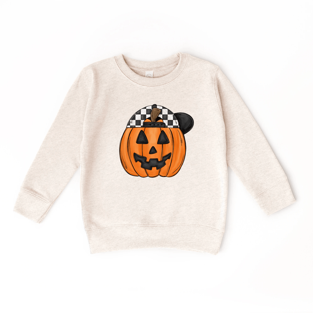 Pumpkin Backwards Hat toddler + youth Sweatshirt, Halloween collection by Benny and Ray Apparel
